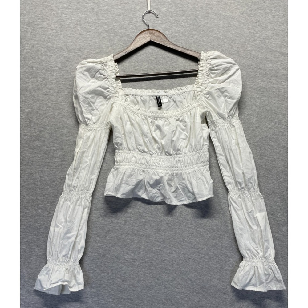 H&M Divided Smocked Bodice Cropped Top Womens XS White Puff Sleeve Square Neck